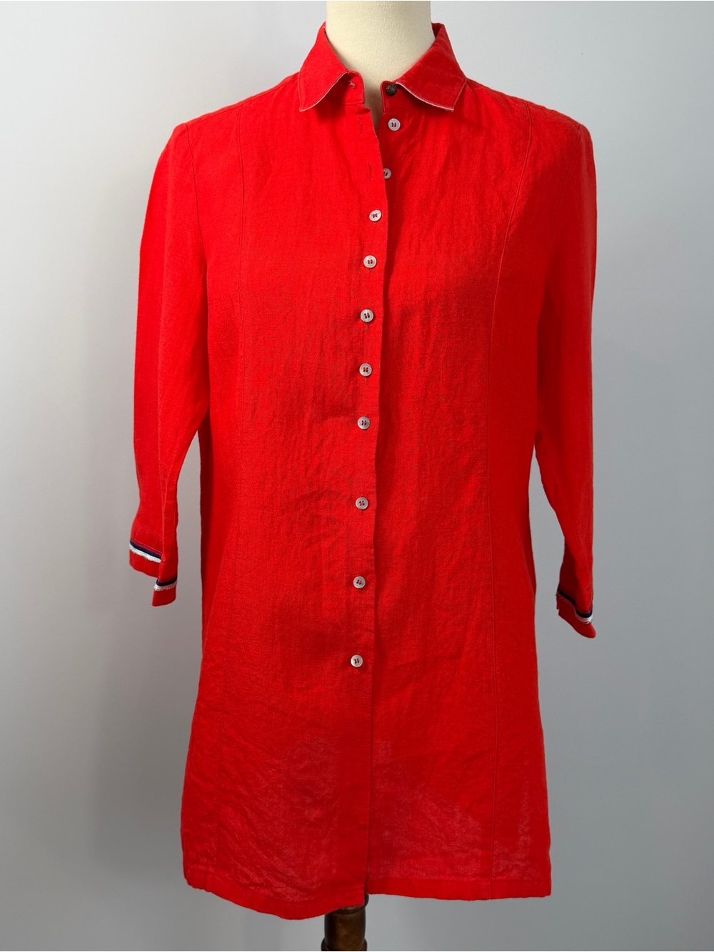 Schneiders Salzburg Red Linen Button Up Tunic Red Trimmed 3/4" Sleeve Blouse 8 M